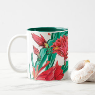 Green Red Blooming Cactus Pattern Two-Tone Coffee Mug