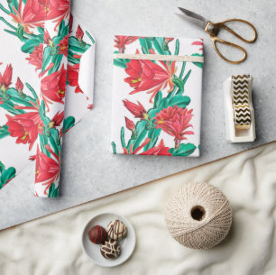 Green Red Blooming Cactus Pattern Wrapping Paper