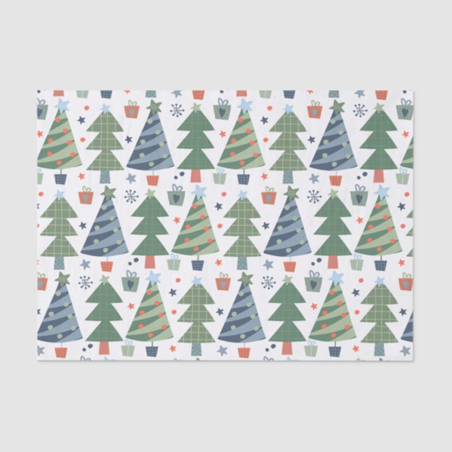 Green Red Blue Christmas Trees Festive Trendy Tissue Paper (Front)