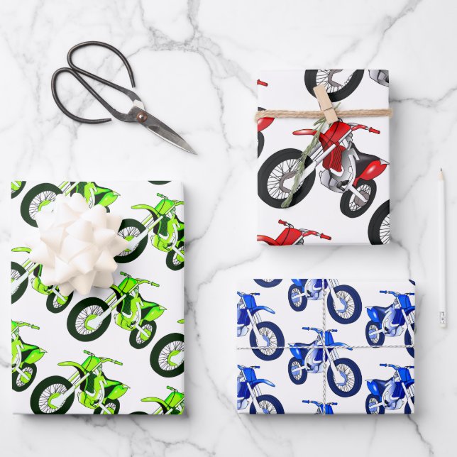 Green, Red, Blue Dirt Bike Motorcycle Wrapping Paper Sheet (Front)