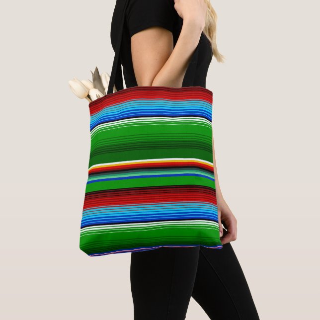 Green Red Blue Mexican Sarape Tote Bag (Close Up)