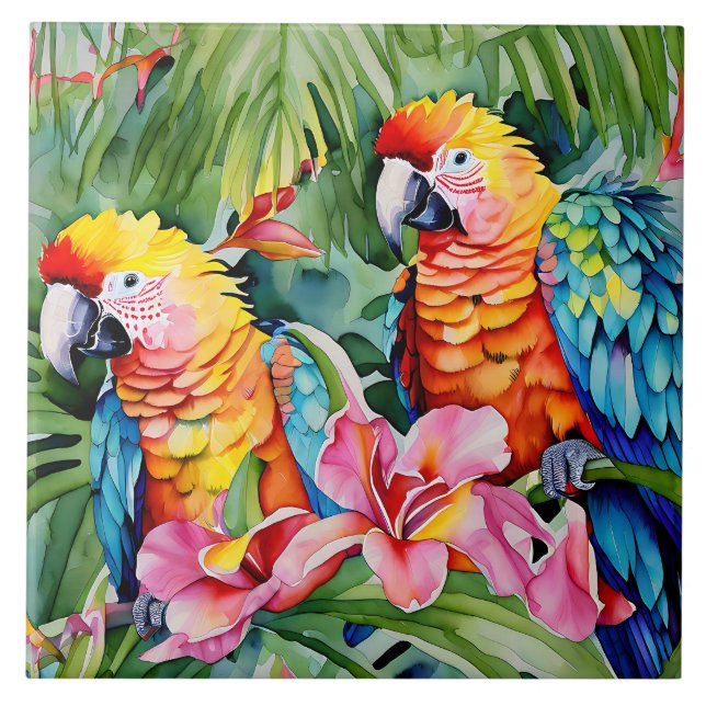 Green, Red, Blue Parrots and Tropical Flowers Ceramic Tile (Front)