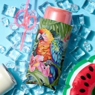 Green, Red, Blue Parrots and Tropical Flowers Seltzer Can Cooler
