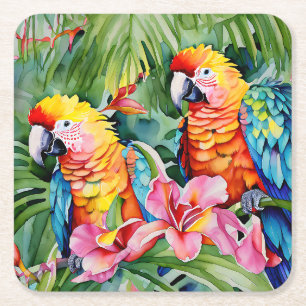 Green, Red, Blue Parrots and Tropical Flowers Square Paper Coaster