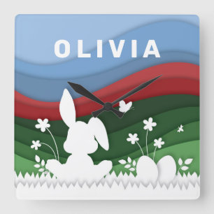 Green red blue waves easter bunny and eggs square wall clock