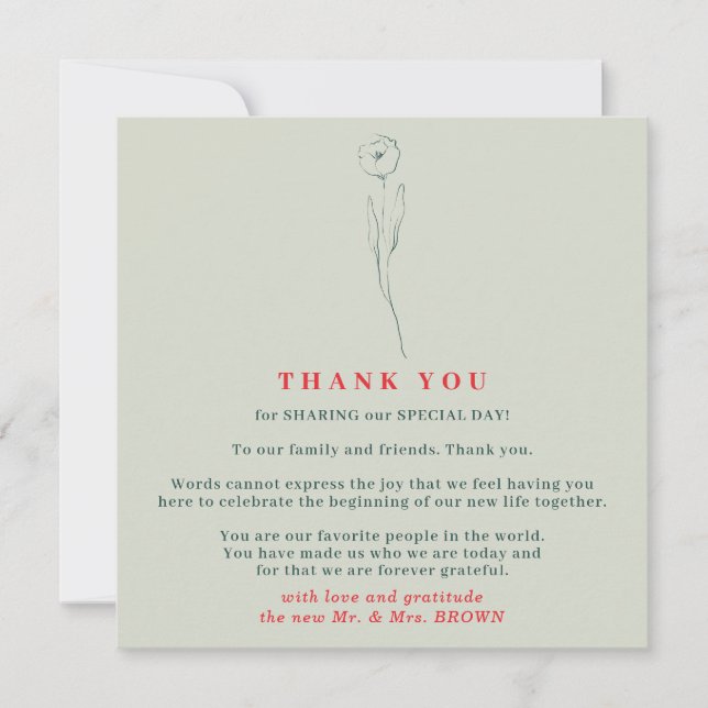 Green Red Boho Indie thank you Flower Tiny Invitation (Front)
