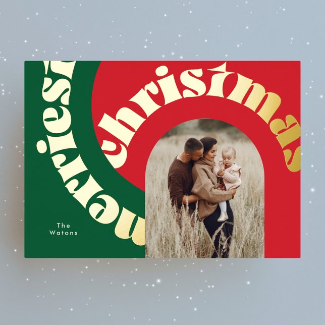 green red bold christmas gold oval one photo foil holiday card (Creator Uploaded)