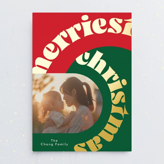 green red bold christmas gold oval two photo foil holiday card (Creator Uploaded)