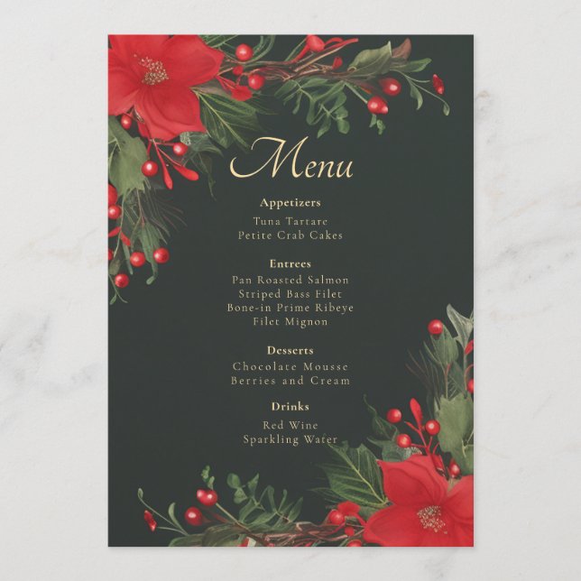 Green Red Botanical Holiday Christmas Party Menu (Front)