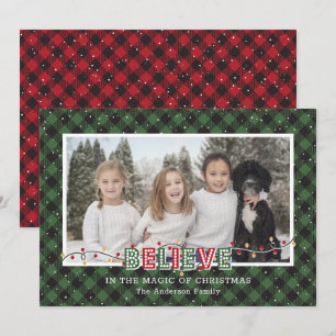 Green Red Buffalo Plaid Snow Believe Photo Holiday Card