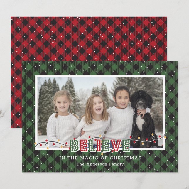 Green Red Buffalo Plaid Snow Believe Photo Holiday Card (Front/Back)