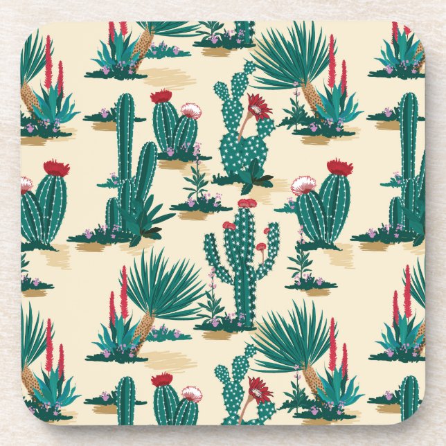 Green & Red Cactus Pattern Coaster (Front)
