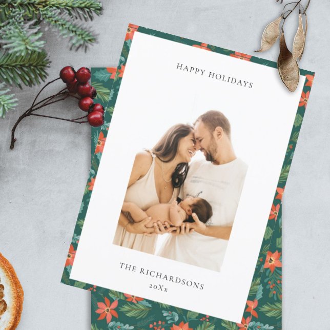 Green Red Christmas Floral Pattern Photo Happy Holiday Card (Creator Uploaded)