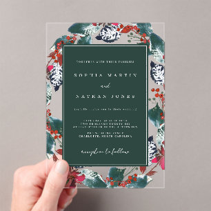 Green Red Christmas Floral Wreath Clear Wedding Acrylic Invitations