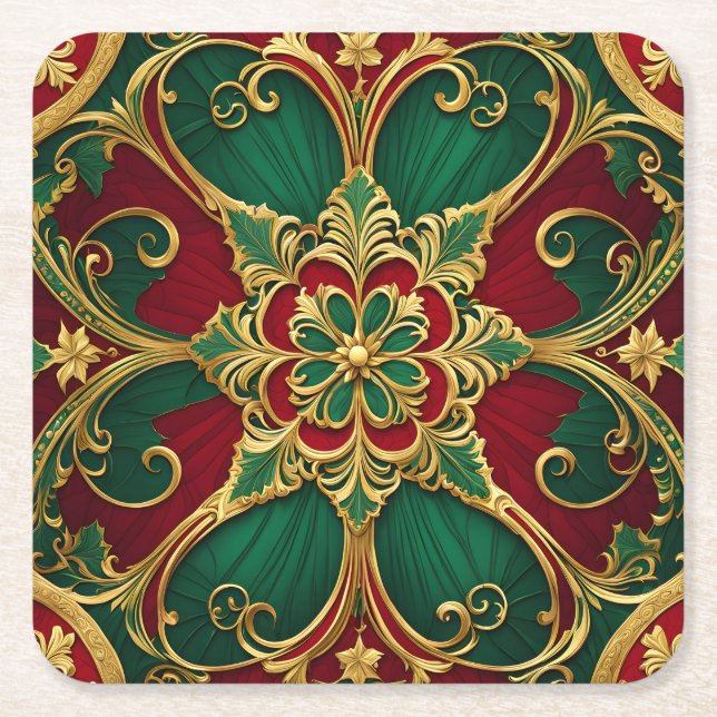 Green Red Christmas Holiday Paper Coaster (Front)