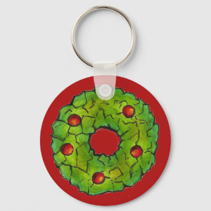 Green Red Christmas Holly Wreath Cookie Holiday Key Ring