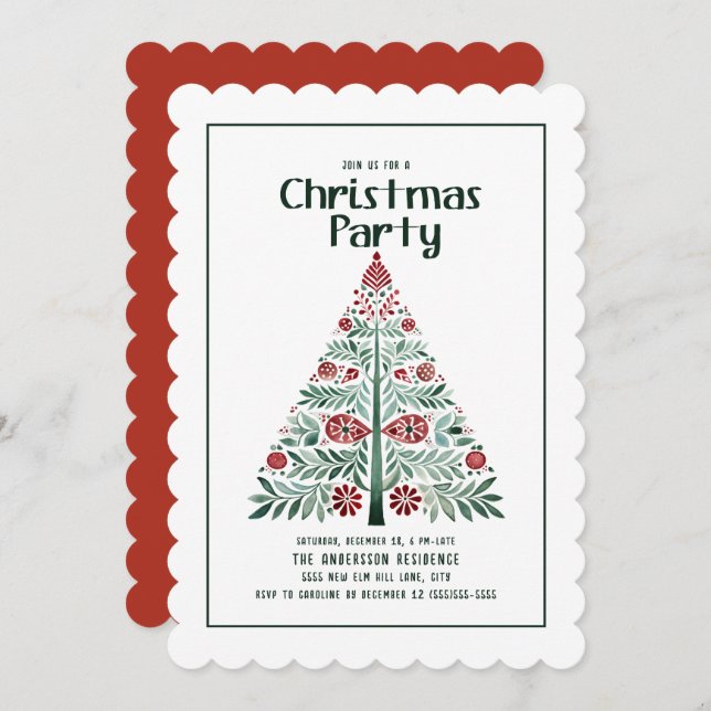 Green Red Christmas Tree Scalloped Party Invitation (Front/Back)