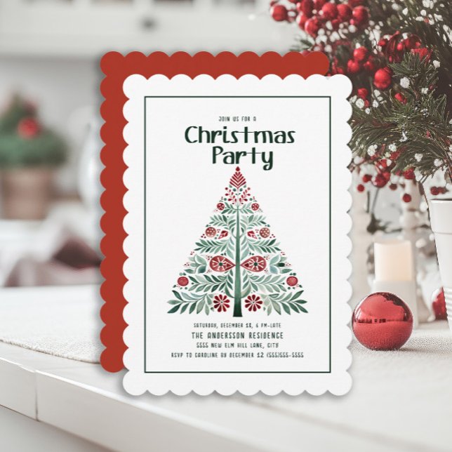 Green Red Christmas Tree Scalloped Party Invitation (Red and green Scandinavian tree Christmas party invitation)