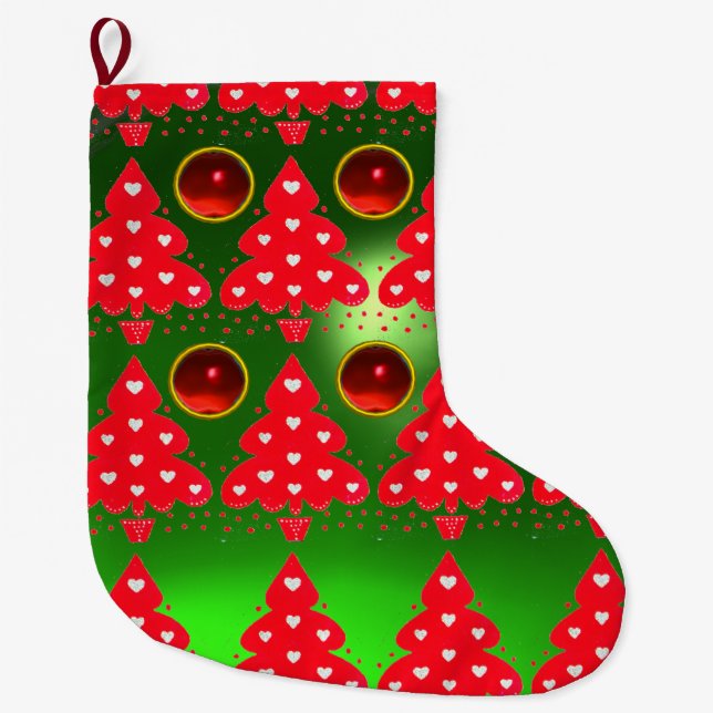 GREEN RED CHRISTMAS TREE WITH HEARTS LARGE CHRISTMAS STOCKING (Front)