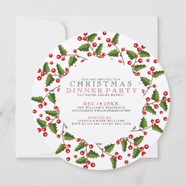 Green & Red Christmas Wreath Dinner Invitation (Front)
