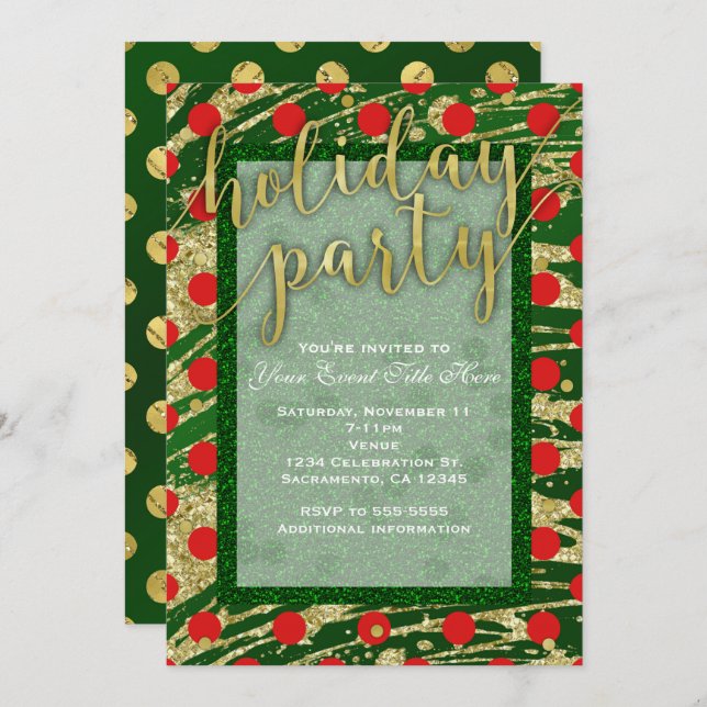 Green & Red Circles Gold Holiday Party Invitations (Front/Back)