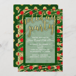 Green & Red Circles Gold Holiday Party Invitations