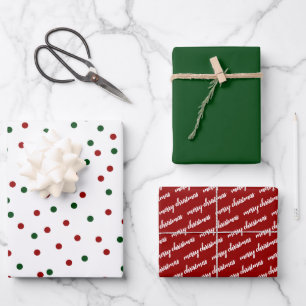 Green Red Confetti Polka Dot Merry Christmas Wrapping Paper Sheet