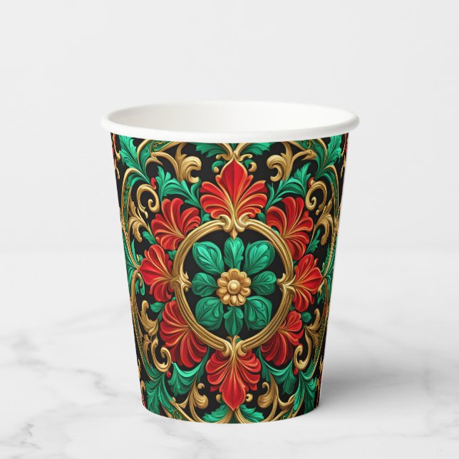Green Red Decorative Christmas Holiday Paper Cups (Back)