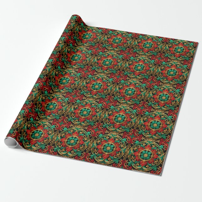 Green Red Decorative Holiday Wrapping Paper (Unrolled)