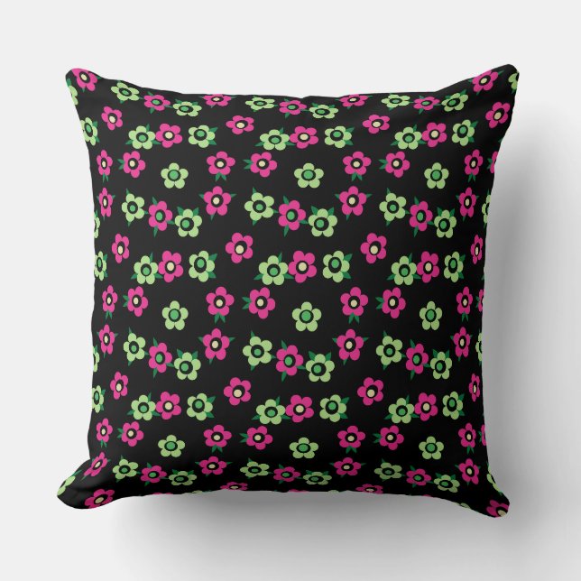 Green Red floral pattern black retro Sixties Cushion (Front)