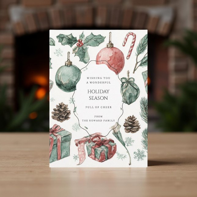 Green Red Floral Whimsical Watercolor Holiday Card (Creator Uploaded)