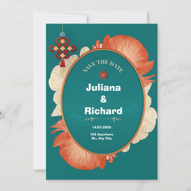 Green Red Flower Decoration Wedding Invitation (Front)