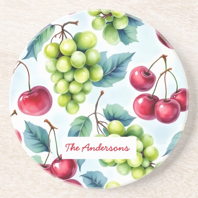 Green Red Fruit Food Pattern Grapes Cherry  Coaster (Front)