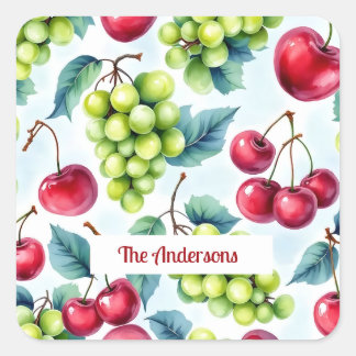 Green Red Fruits Grapes Cherry Elegant Pattern  Square Sticker