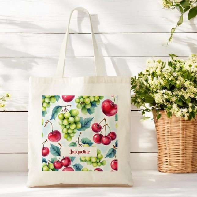 Green Red Fruits Grapes Cherry Pattern Tote Bag (Creator Uploaded)