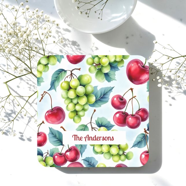 Green Red Fruits Grapes Cherry Watercolor Coaster (Creator Uploaded)