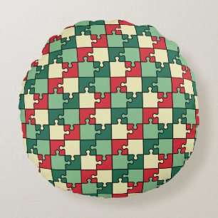 Green Red Geometric Puzzle Pieces Pattern Round Cushion