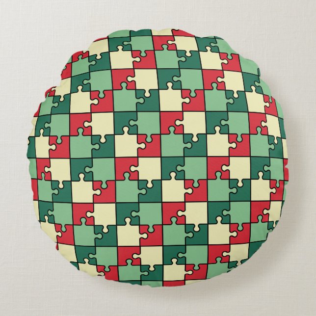 Green Red Geometric Puzzle Pieces Pattern Round Cushion (Front)