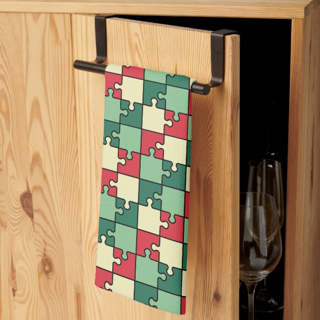 Green Red Geometric Puzzle Pieces Pattern Tea Towel (Thirds Fold)