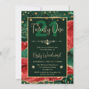 Green & Red Glitter Christmas Agate Birthday Party Invitation