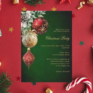 Green red gold baubles business Christmas Party Invitation