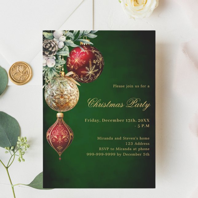 Green red gold baubles Christmas Party Invitation (Creator Uploaded)