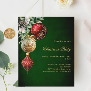 Green red gold baubles Christmas Party invitation