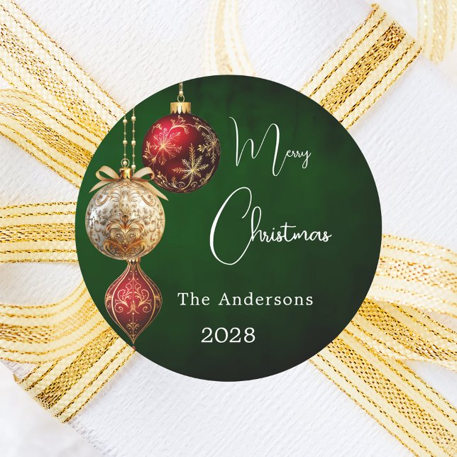 Green red gold baubles classic Christmas Round Sticker (Creator Uploaded)