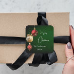 Green red gold baubles classic Christmas Square Sticker<br><div class="desc">For a Christmas party favours or gift wrapping. A rusitc green uneven coloured background. Decorated with red and gold baubles.  Personalise and add your name,  year.  Text: Merry Christmas</div>