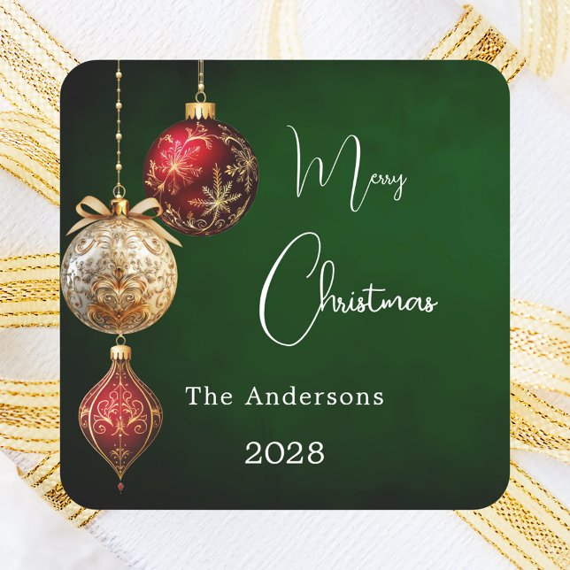 Green red gold baubles classic Christmas Square Sticker (Creator Uploaded)