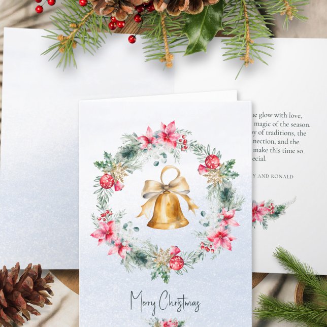 Green Red Gold Bell Snowflake Christmas Wreath Holiday Card (Creator Uploaded)