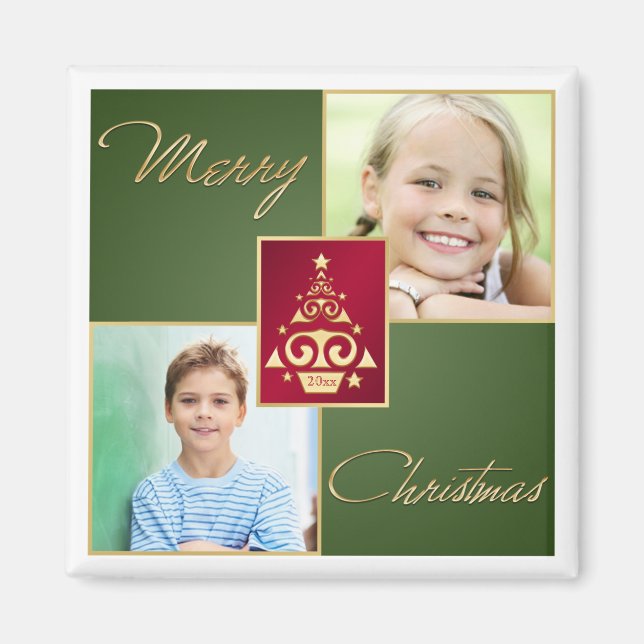 Green, Red, Gold Christmas Tree Photo Magnet (Front)