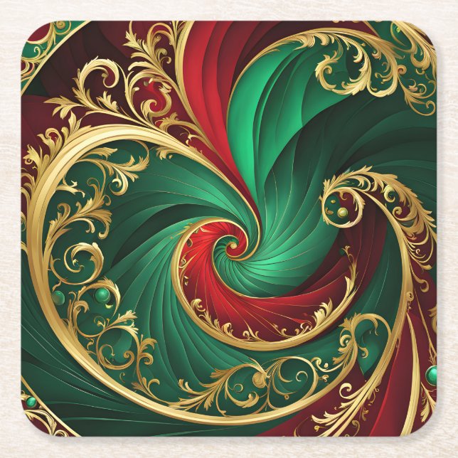 Green Red Gold Decorative Holiday Paper Coaster (Front)
