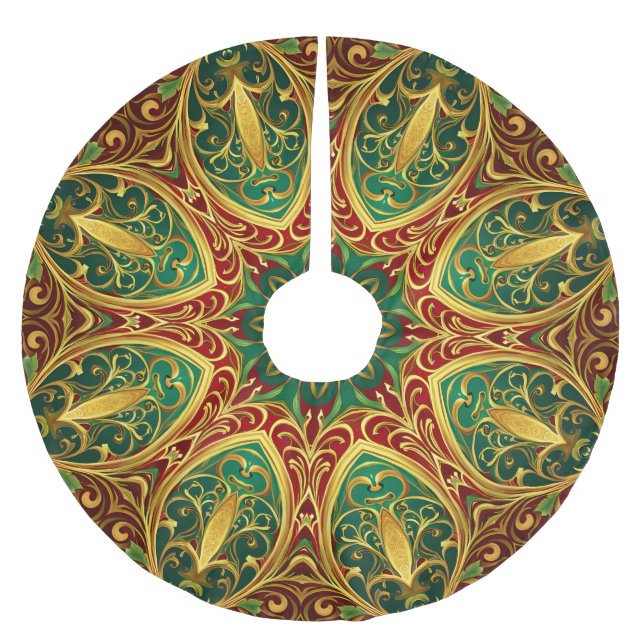 Green Red Gold Decorative Holiday Tree Skirt (Front)